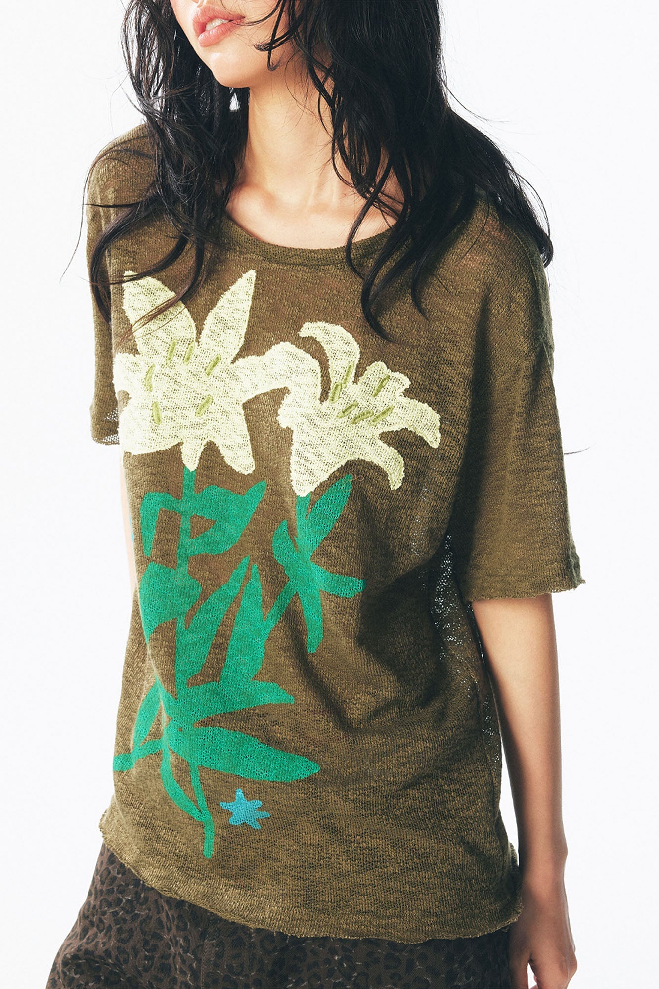 1997 POSTOFFICE Distressed Sheer Lily Flower Tee-T Shirt-S-Dark Green-Free Shipping Leatheretro