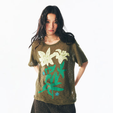 1997 POSTOFFICE Distressed Sheer Lily Flower Tee-T Shirt-S-Dark Green-Free Shipping Leatheretro
