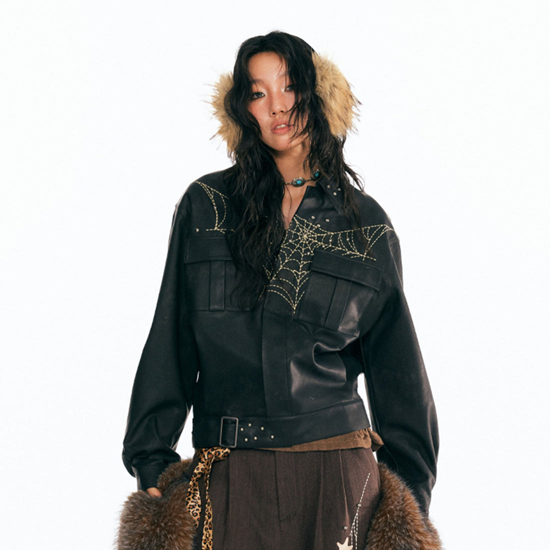 1997 POSTOFFICE Dreamcatcher Graphic Faux Leather Jacket-Jacket-S-Coffee-Free Shipping Leatheretro