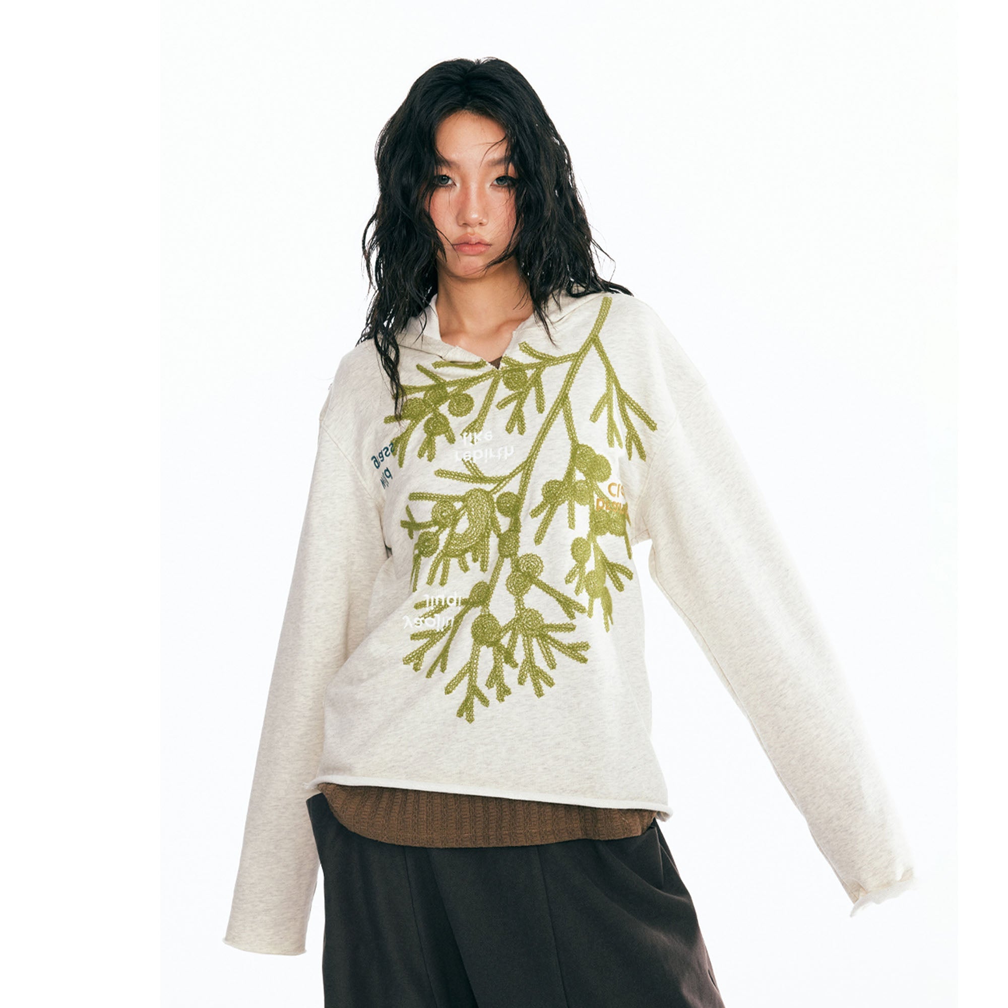 1997 POSTOFFICE Sesame Leaf Embroidered V-Neck Hoodie-Hoodie-S-Free Shipping Leatheretro