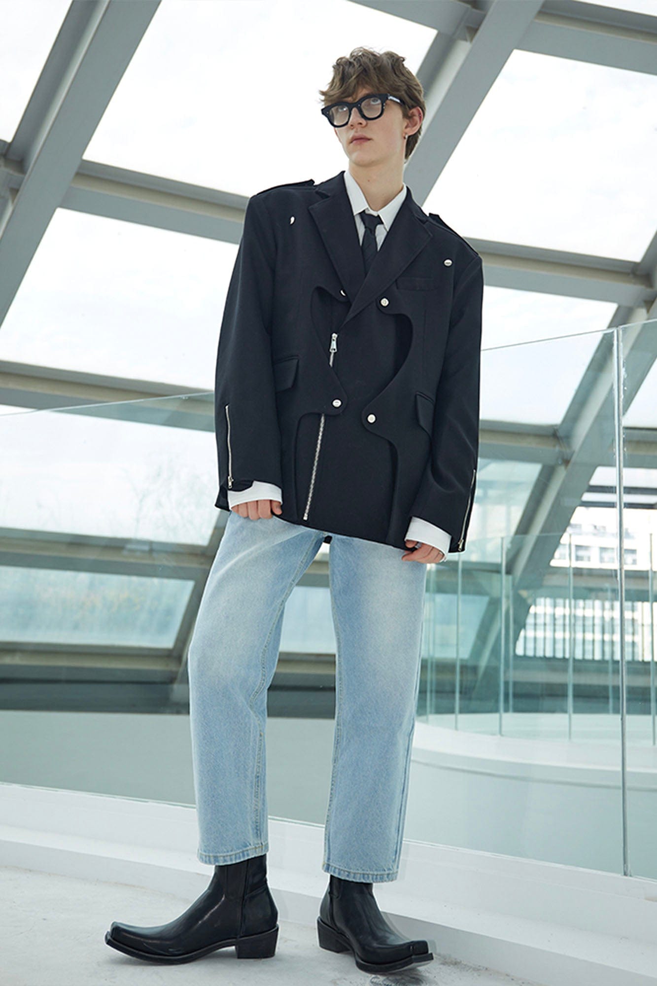 ASSEEN Deconstructed Ripple-Panel Zip Blazer-Jacket-S-Free Shipping Leatheretro