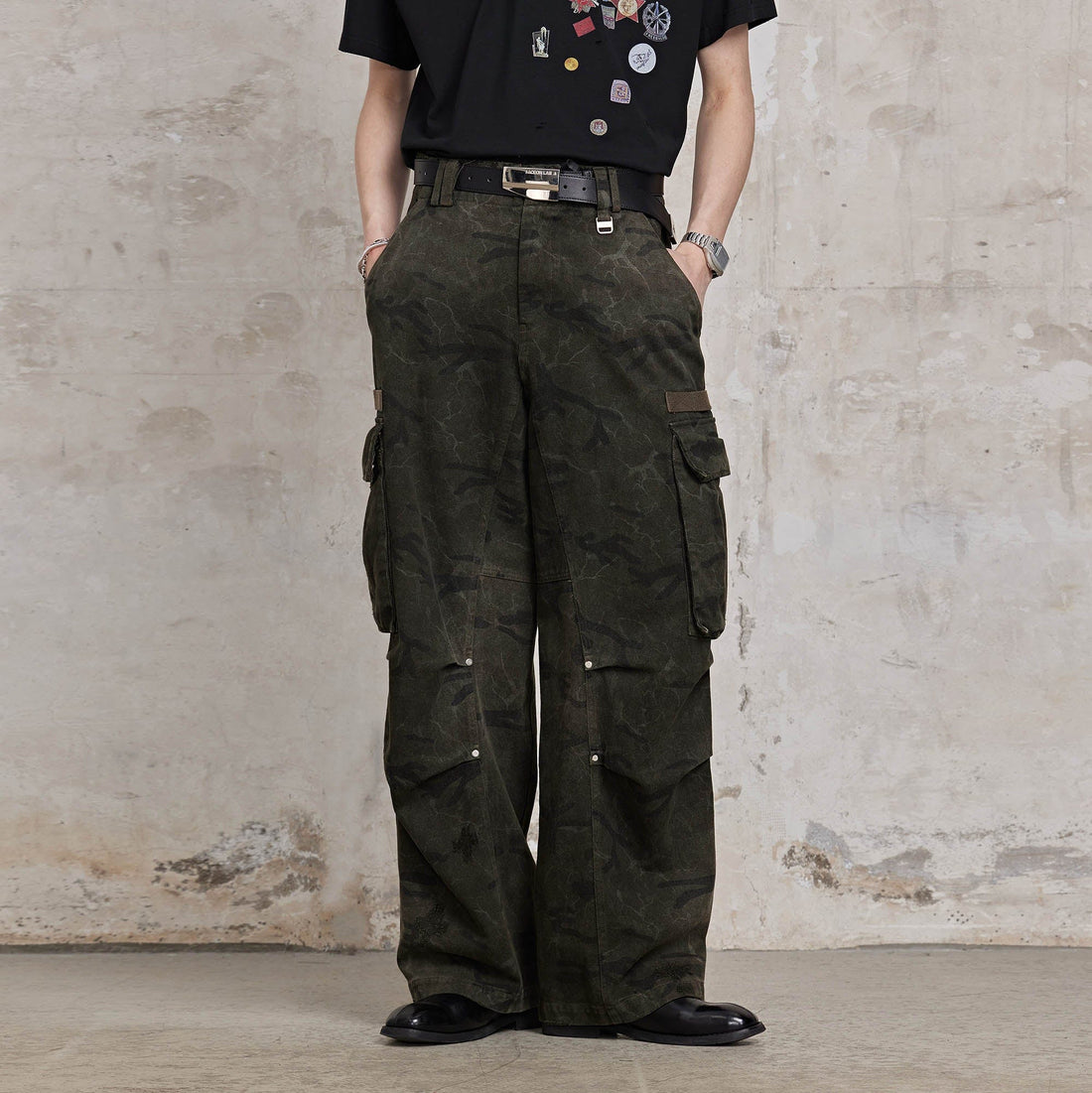 FACEONLAB Distressed Cracked Crinkled Multi-Pocket Military Cargo-Pants-M-Free Shipping Leatheretro
