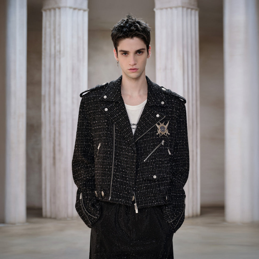 FACEONLAB Metal Badge Multi-Zip Tweed Biker Jacket-Jacket-M-Free Shipping Leatheretro