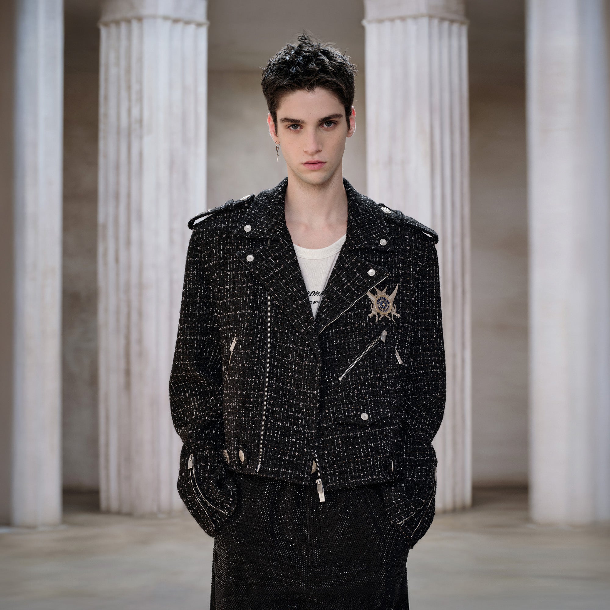 FACEONLAB Metal Badge Multi-Zip Tweed Biker Jacket-Jacket-M-Free Shipping Leatheretro