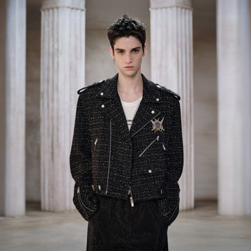 FACEONLAB Metal Badge Multi-Zip Tweed Biker Jacket-Jacket-M-Free Shipping Leatheretro