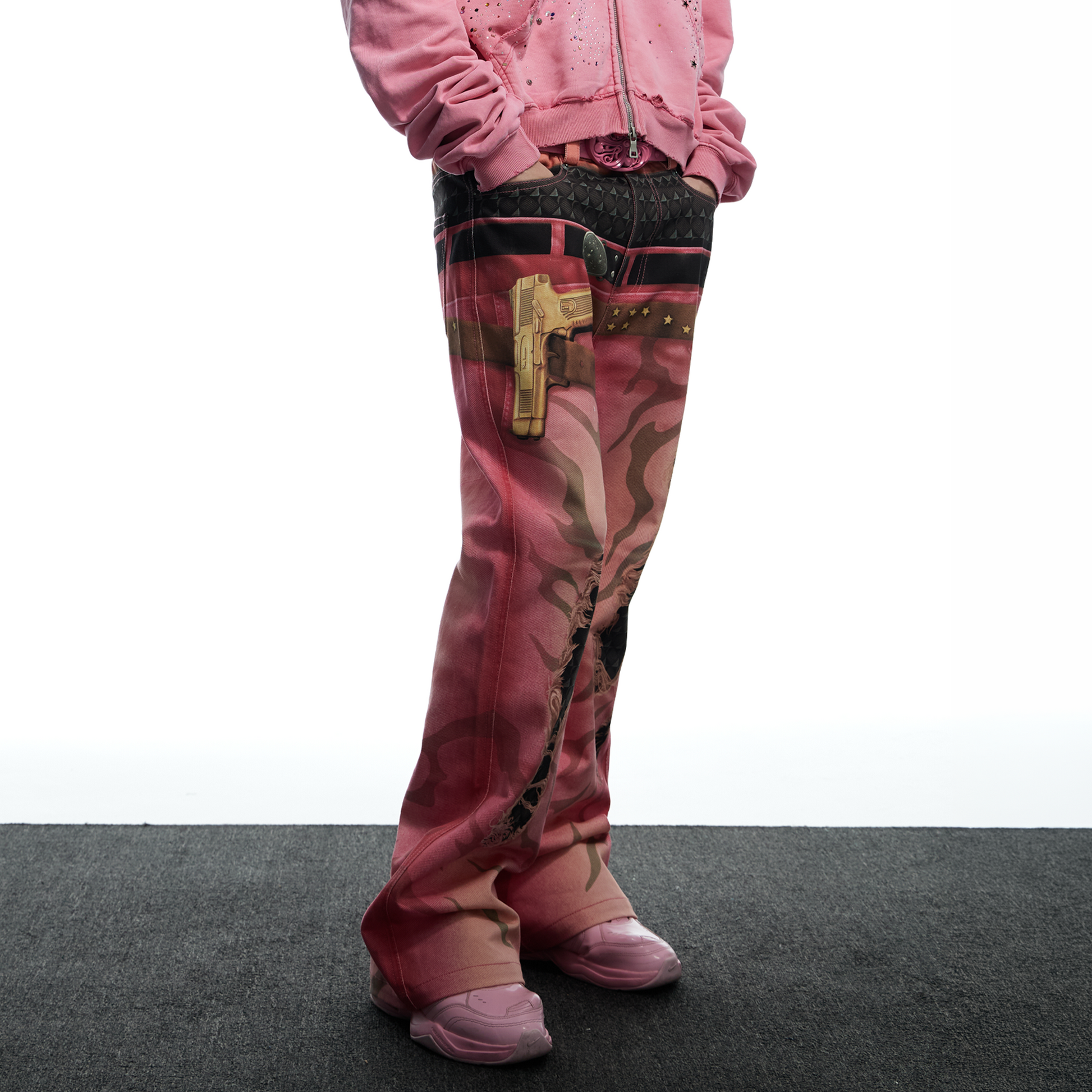 DND4DES Distressed Print Double-Waist Flare Jeans Pink-Jeans-XS-Free Shipping Leatheretro