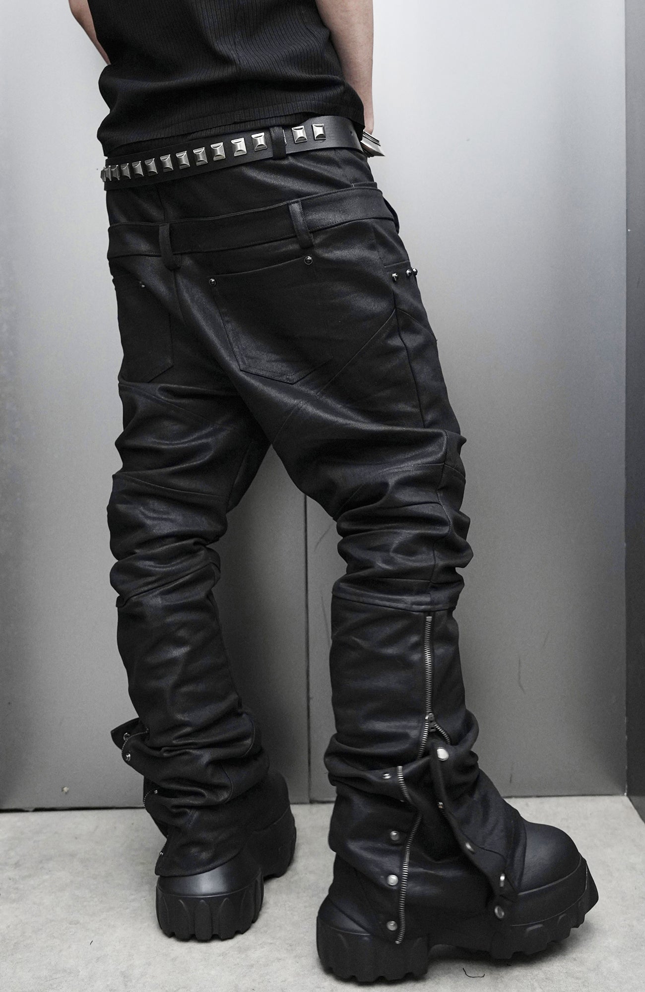 SSIN7 Double Waist Waxed Zip Flared Jeans-Jeans-S / 31"-Free Shipping Leatheretro