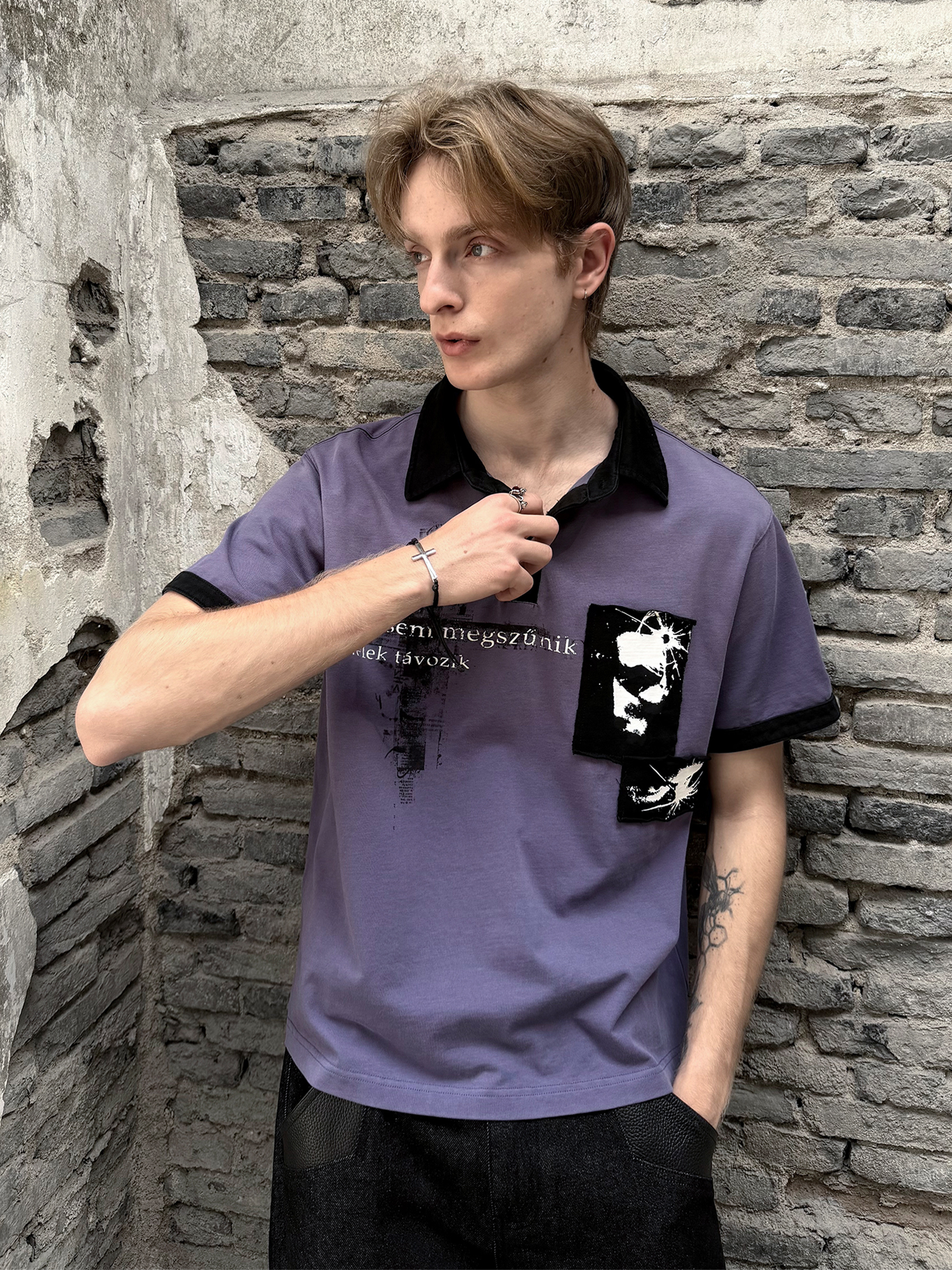 ESAIAS Washed Portrait Cross Graphic Polo Shirt-T Shirt-S-Free Shipping Leatheretro