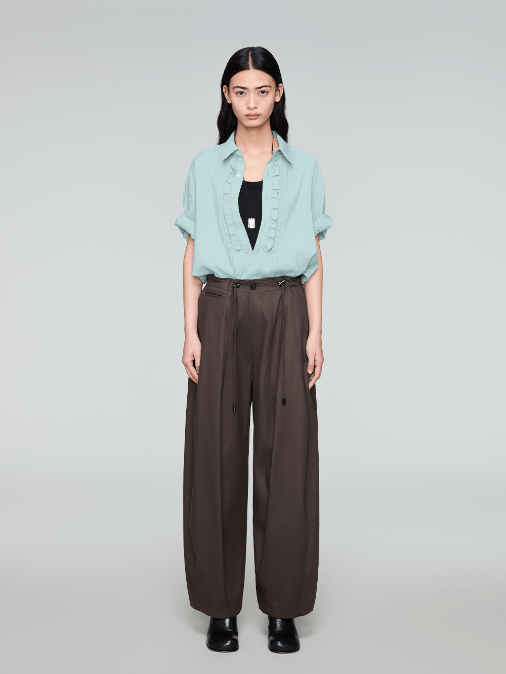 OPICLOTH Retro Pintuck Ruffle Modal Blend Half Shirt-Half shirt-Green-XS-Free Shipping Leatheretro