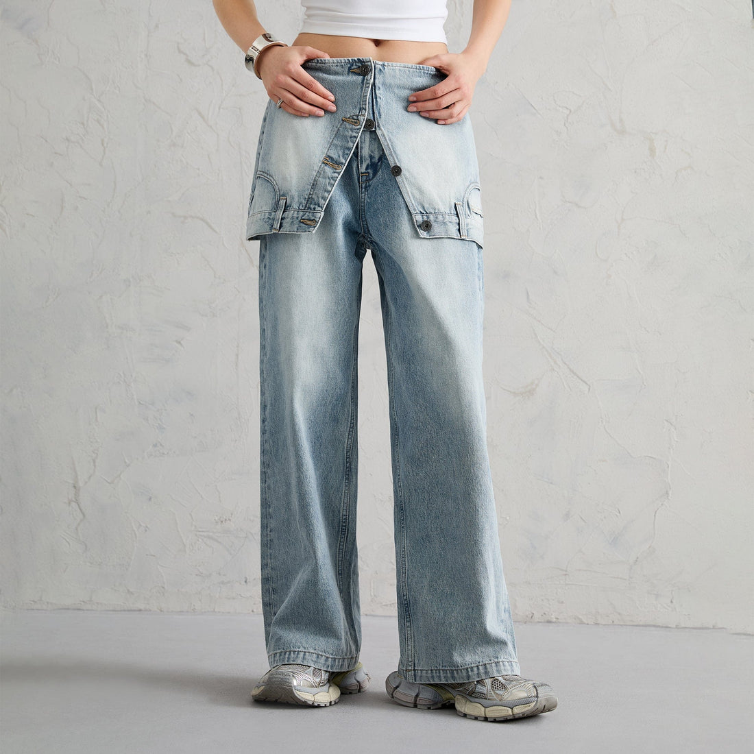 ORGANIC EMOTION Classic Washed Detachable Waist Cape Jeans-Jeans-XS-Blue-Free Shipping Leatheretro