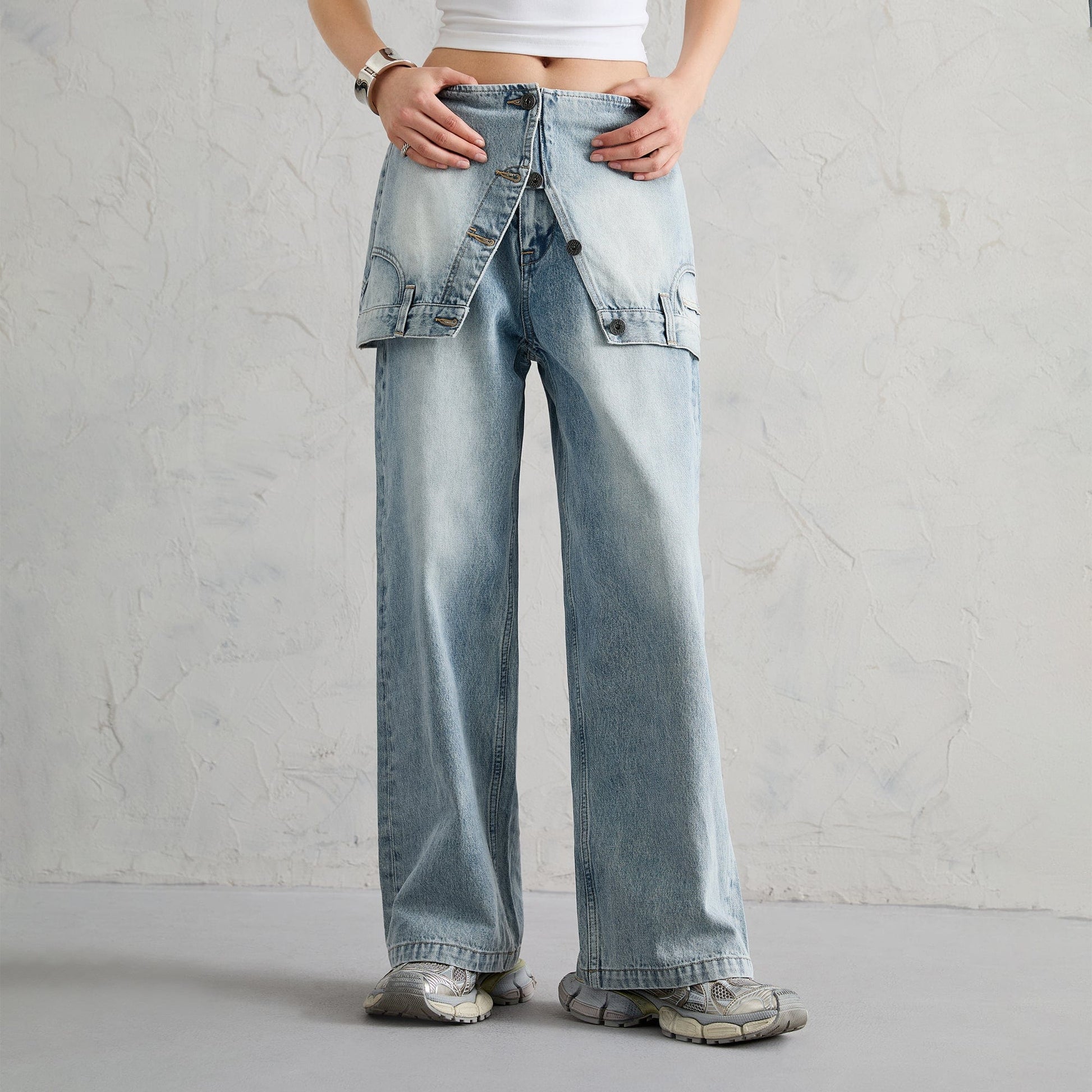 ORGANIC EMOTION Classic Washed Detachable Waist Cape Jeans-Jeans-XS-Blue-Free Shipping Leatheretro