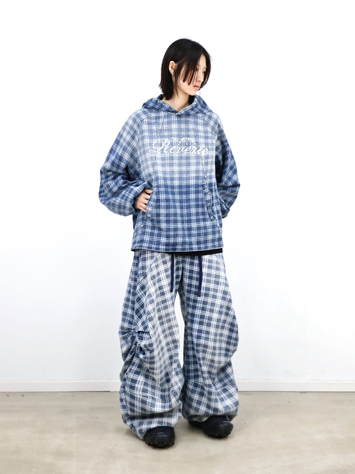 RELABEL Plaid Rivet Paneled Faded Hoodie-Hoodie-XS-Free Shipping Leatheretro