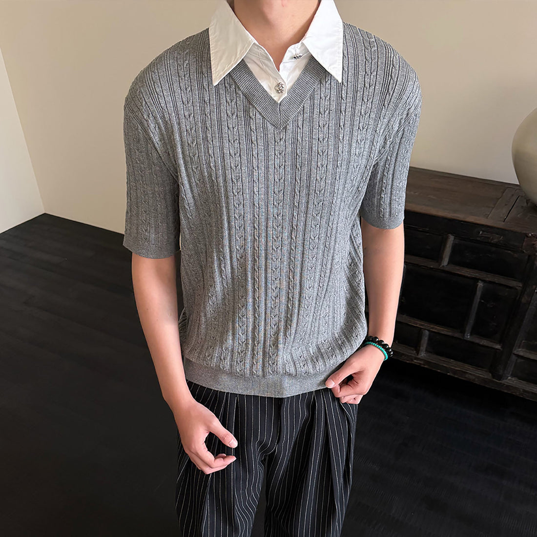 KREATE Faux Layered Cable-Knit Half Shirt-Half shirt-S-Gray-Free Shipping Leatheretro