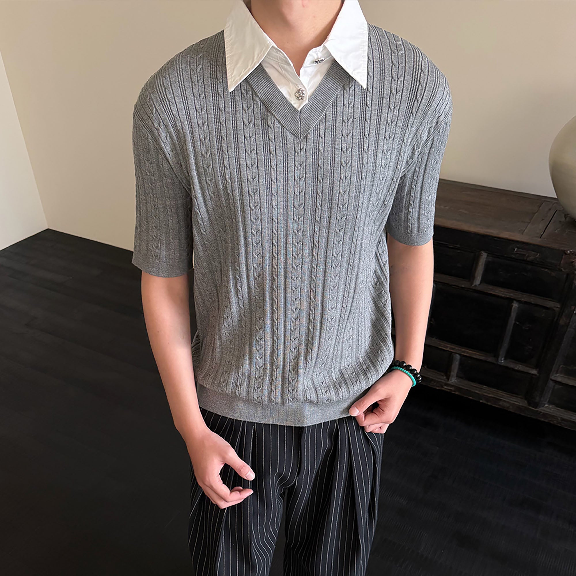 KREATE Faux Layered Cable-Knit Half Shirt-Half shirt-S-Gray-Free Shipping Leatheretro