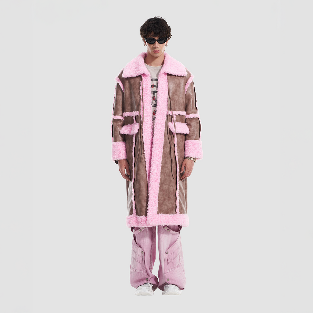 VANN VALRENCE Shearling-Trim Panel PU Long Coat-Jacket-S-Free Shipping Leatheretro