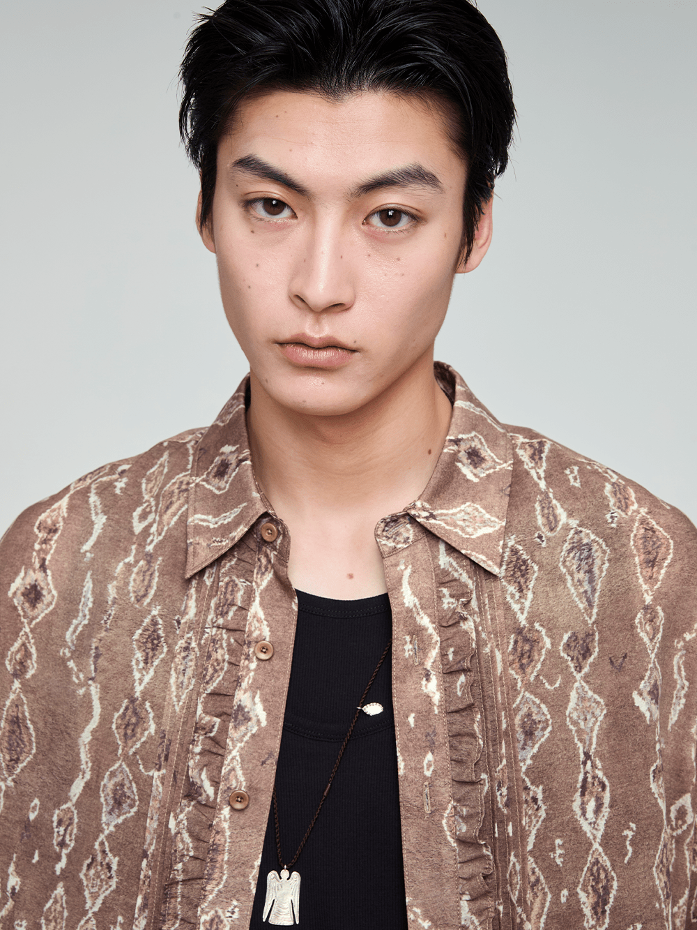 OPICLOTH Retro Woodgrain Full-Print Ruffle Half Shirt-Half shirt-XS-Free Shipping Leatheretro