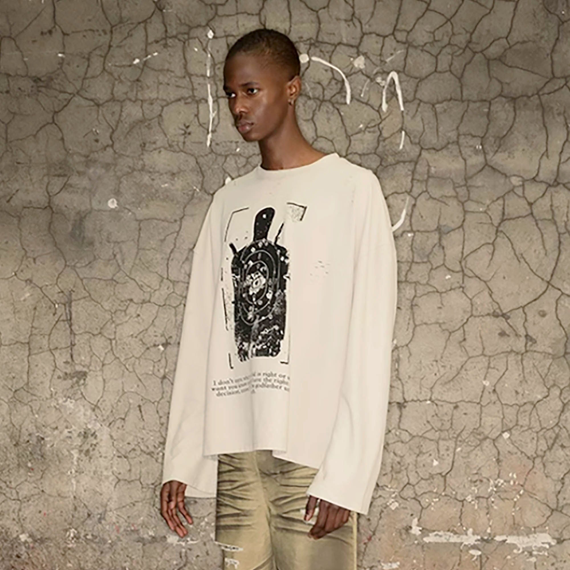 TRIANGLE PROJECT Distressed Target Graphic Long-Sleeve Tee-L/S Tee-S-Free Shipping Leatheretro