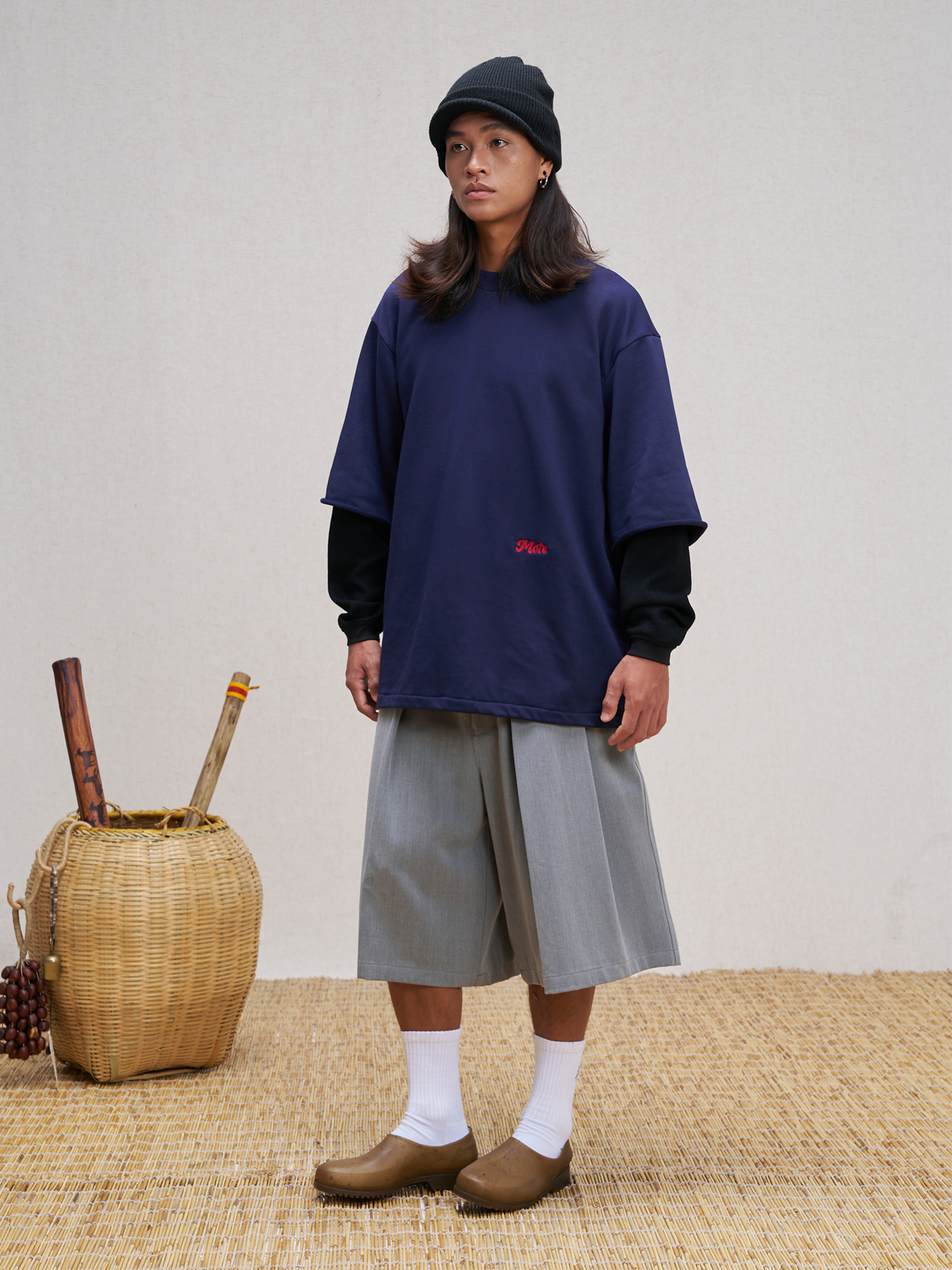 UNLIMITED MOTE Waffle Sleeve Layered Drawstring Hem Sweatshirt-Sweatshirt-XS-Dark Blue-Free Shipping Leatheretro