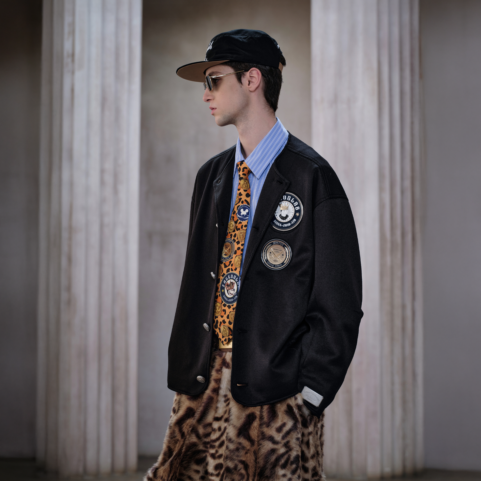 FACEONLAB Badge-Patch Crew-Neck Oversized Jacket-Jacket-M-Black-Free Shipping Leatheretro