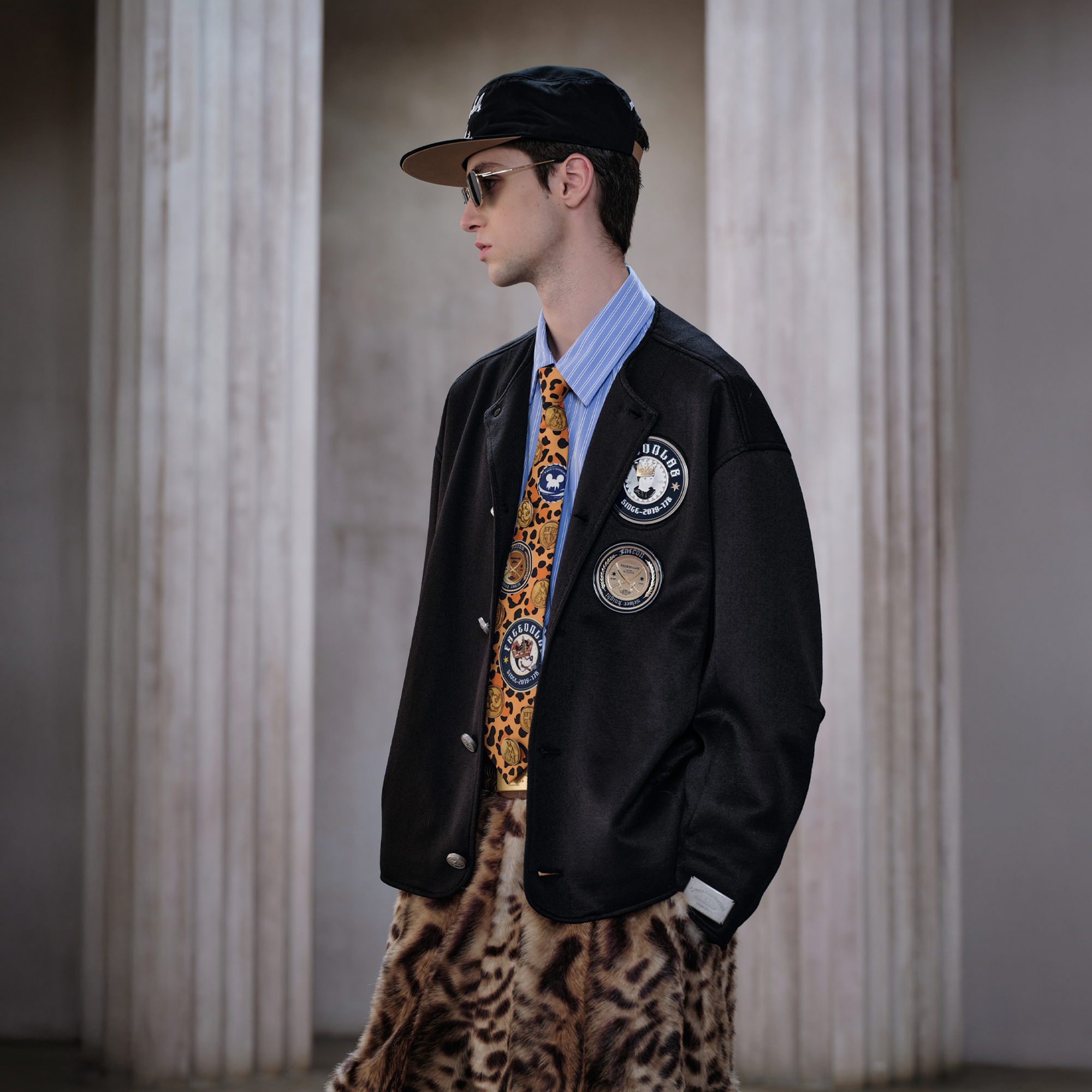 FACEONLAB Badge-Patch Crew-Neck Oversized Jacket-Jacket-M-Black-Free Shipping Leatheretro