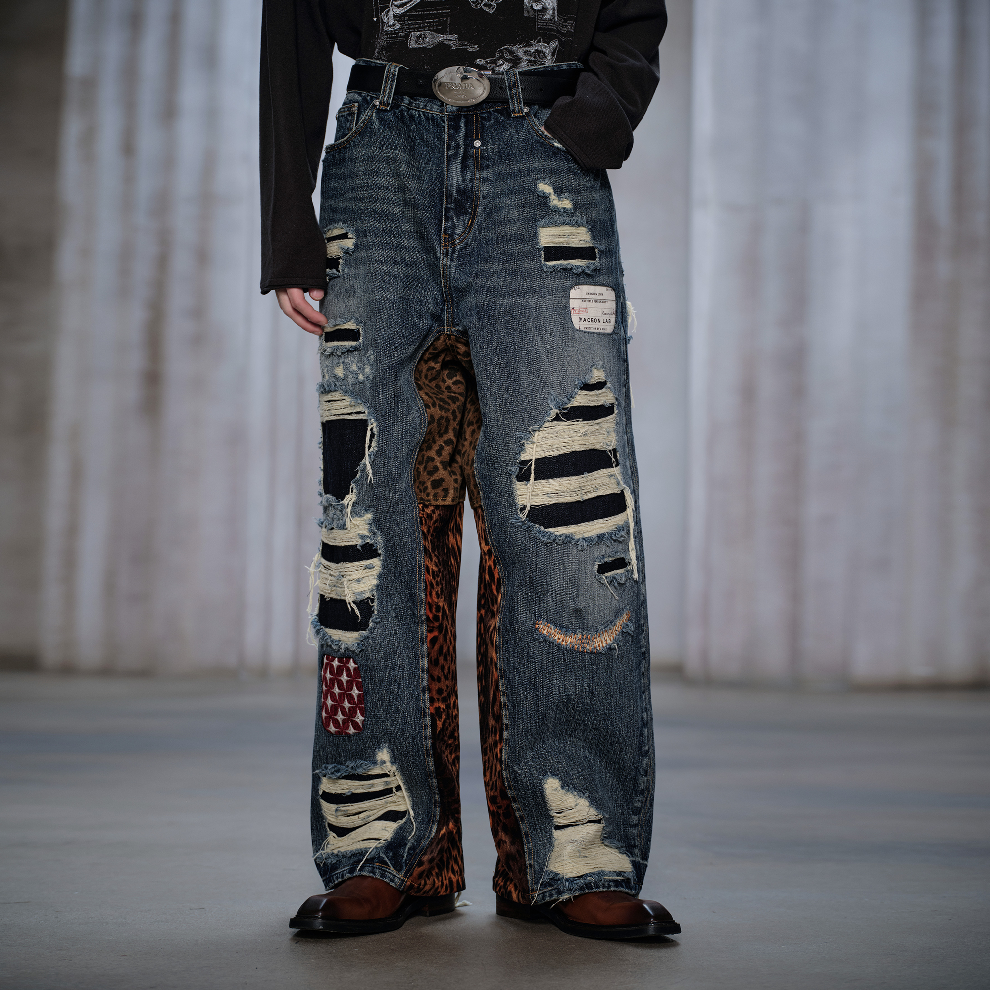 FACEONLAB Distressed Patch Leopard Paneled Jeans-Jeans-M-Free Shipping Leatheretro