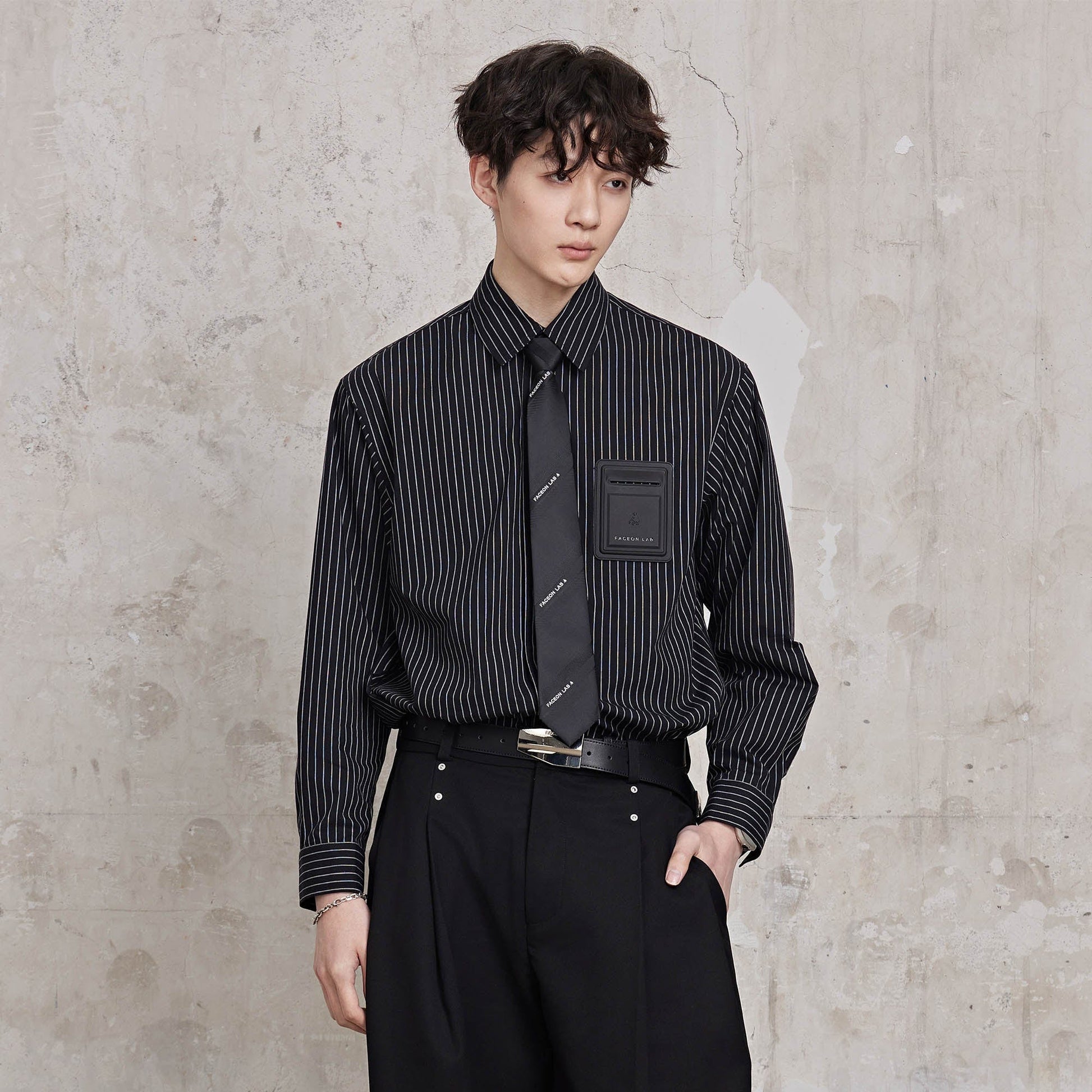 FACEONLAB Striped Patch-Pocket Poplin Shirt-Jacket-M-Black-Free Shipping Leatheretro