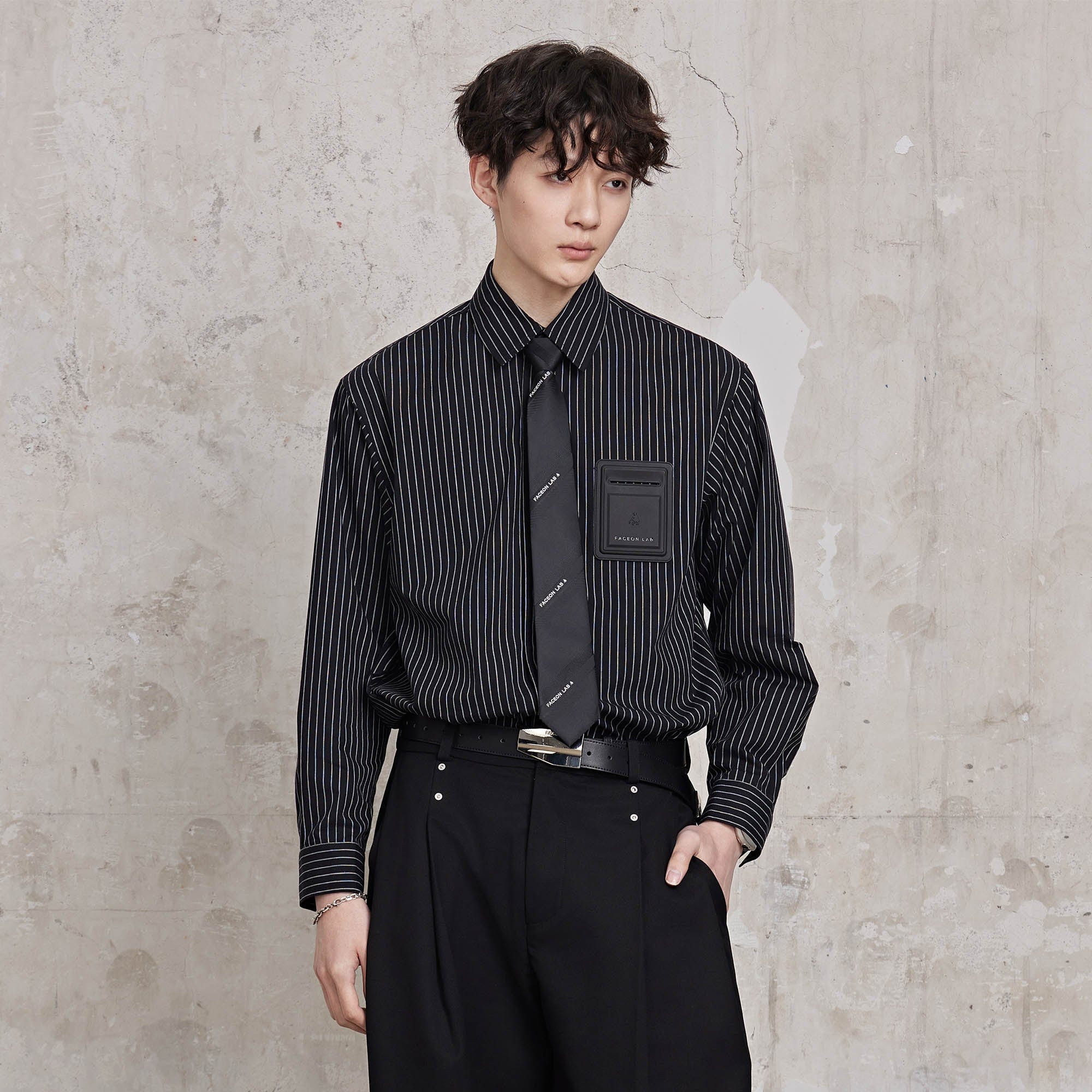 FACEONLAB Striped Patch-Pocket Poplin Shirt-Jacket-M-Black-Free Shipping Leatheretro