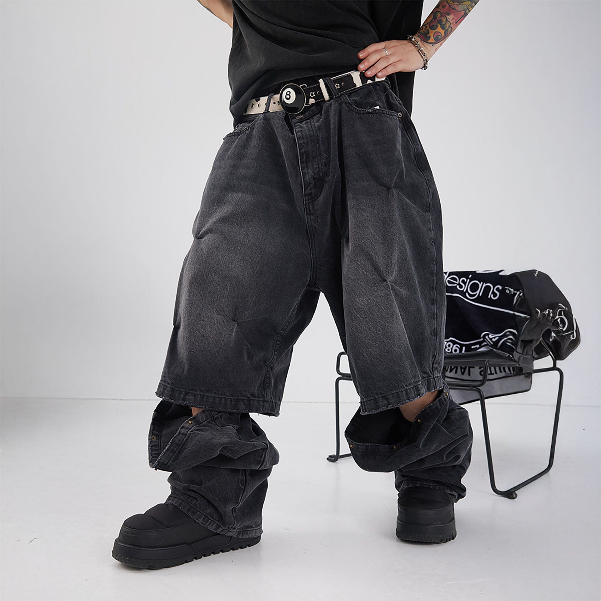 BLACK8MOB Distressed Crinkled Detachable Baggy Jeans-Jeans-S-Free Shipping Leatheretro