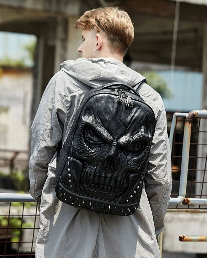 Steampunk 3D Skull Backpack | Punk Rivet PU Leather Laptop Bag-Backpacks-Black-Free Shipping Leatheretro