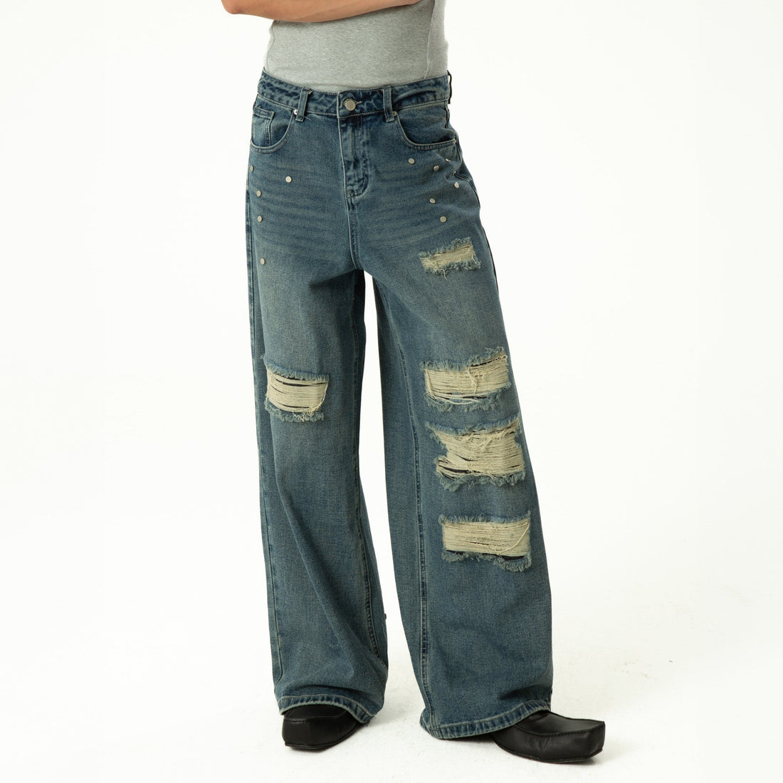 CLP Retro Washed Distressed Rivet Jeans-Jeans-M-Free Shipping Leatheretro
