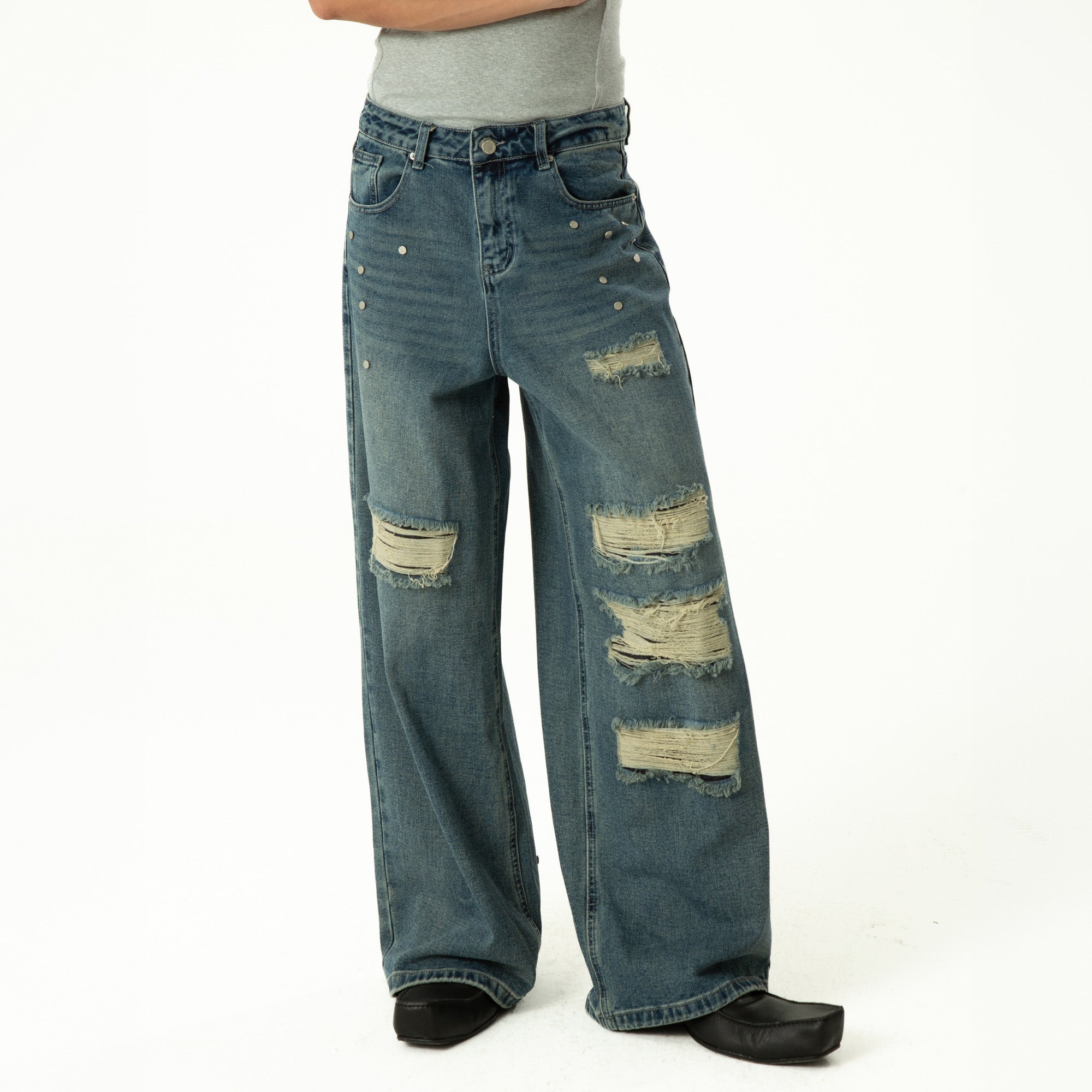 CLP Retro Washed Distressed Rivet Jeans-Jeans-M-Free Shipping Leatheretro