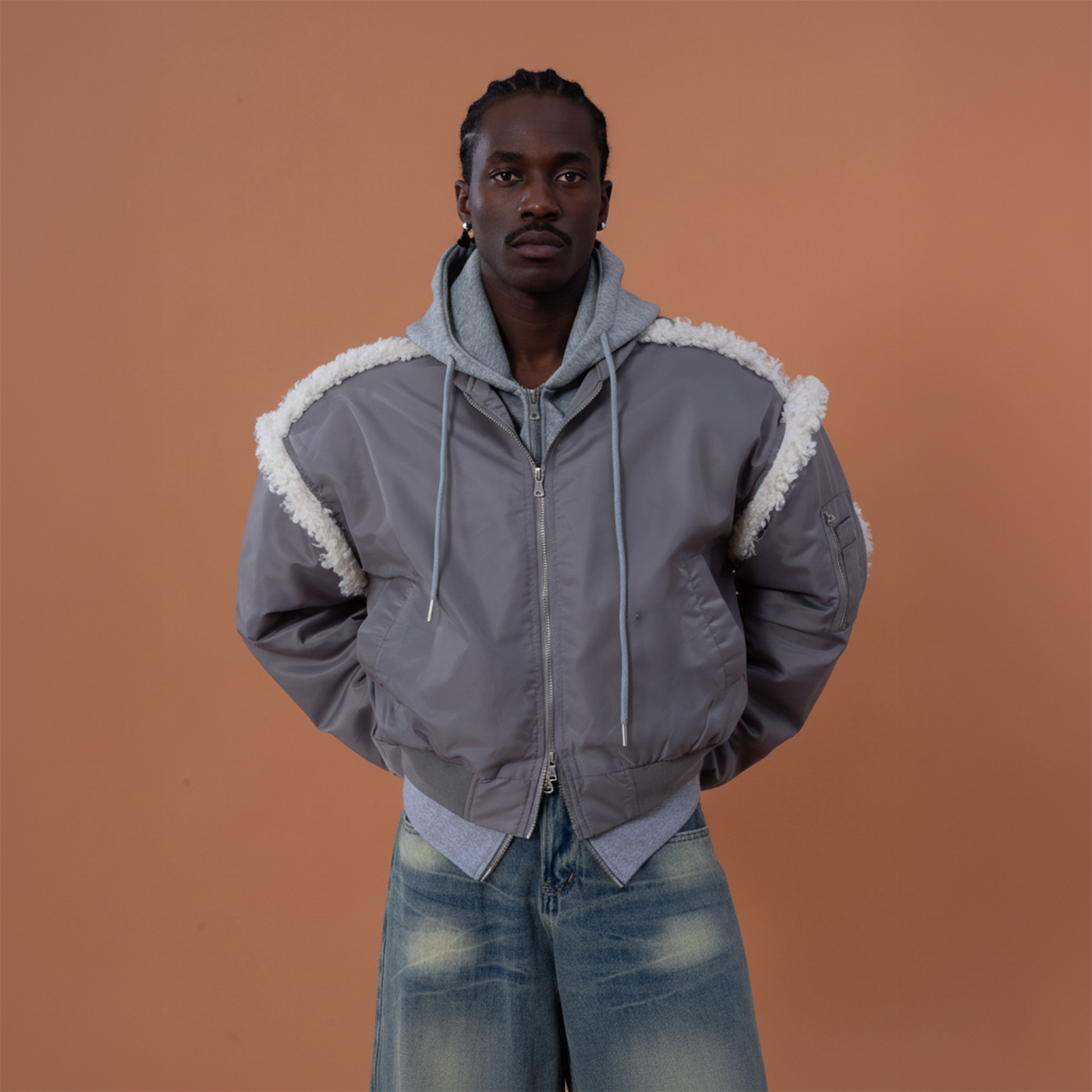 CLP Layered Faux Shearling Hooded Bomber Jacket-Jacket-M-Free Shipping Leatheretro