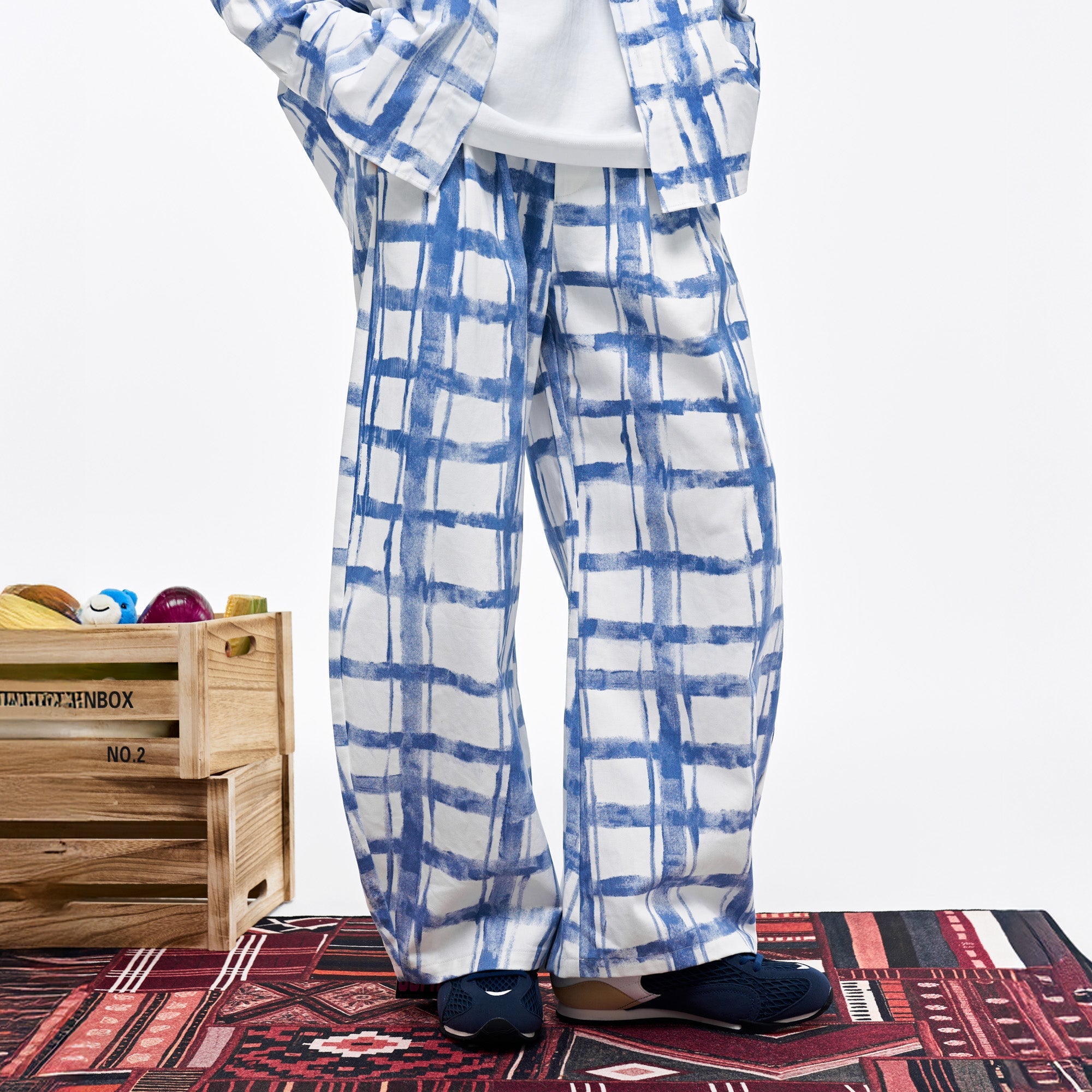 OVERLAPS Brush-Paint Grid Wide-Leg Pants-Pants-XS-Free Shipping Leatheretro