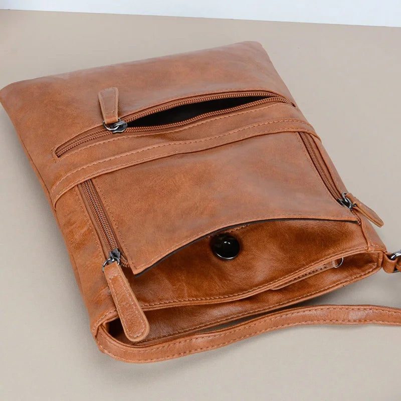Vintage Multi-pocket Women Crossbody Bag - Soft PU Leather Shoulder Bag-Brown-Free Shipping Leatheretro