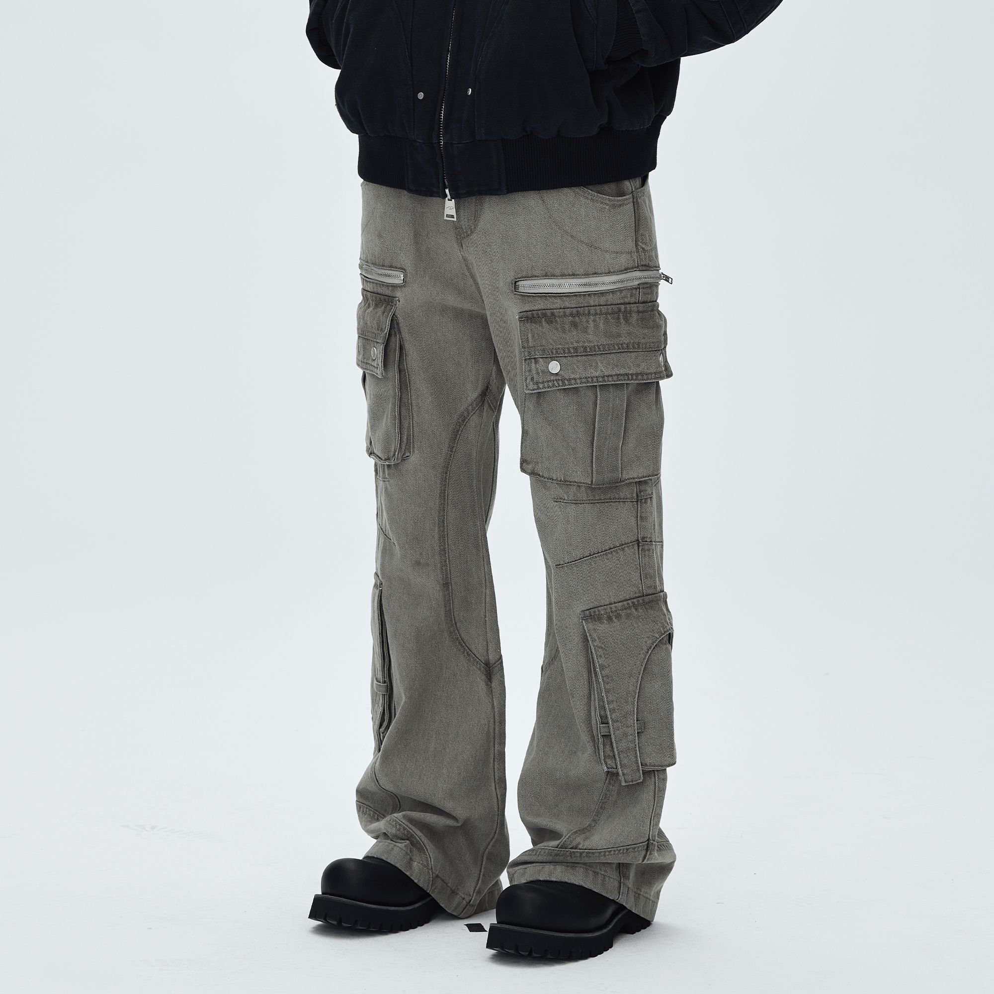 CATSSTAC Washed Multi-Pocket Utility Straight-Leg Jeans-Jeans-Gray-M-Free Shipping Leatheretro