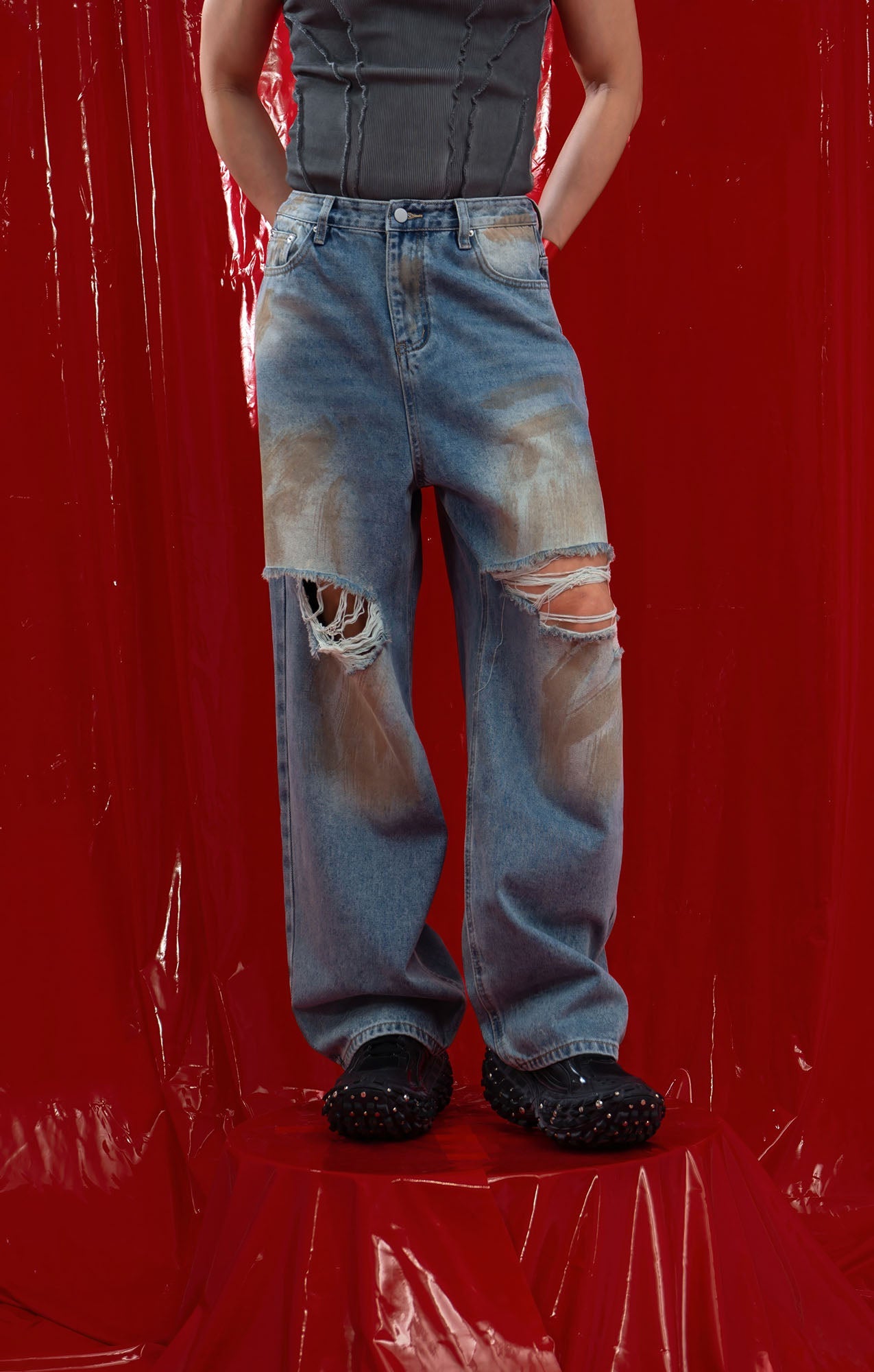 CLP Distressed Ripped Brushed Jeans-Jeans-M-Free Shipping Leatheretro