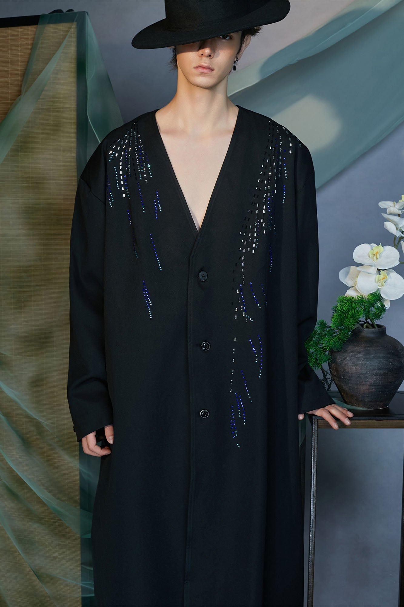 JIECHI Sequin Embroidery V-Neck Overcoat-Jacket-M (Preorder)-Free Shipping Leatheretro