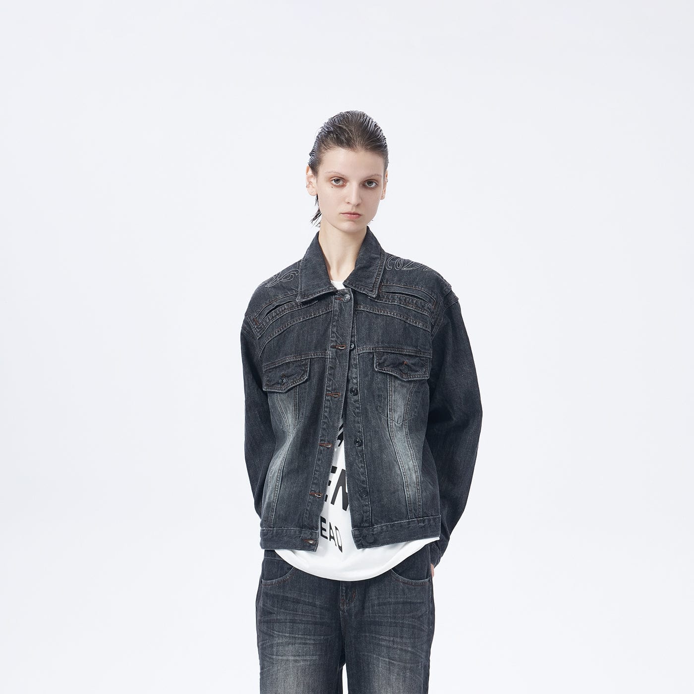 ARTIFICIAL WORLD Deconstructed Faded Denim Jacket-Jacket-M-Black-Free Shipping Leatheretro