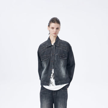ARTIFICIAL WORLD Deconstructed Faded Denim Jacket-Jacket-M-Black-Free Shipping Leatheretro