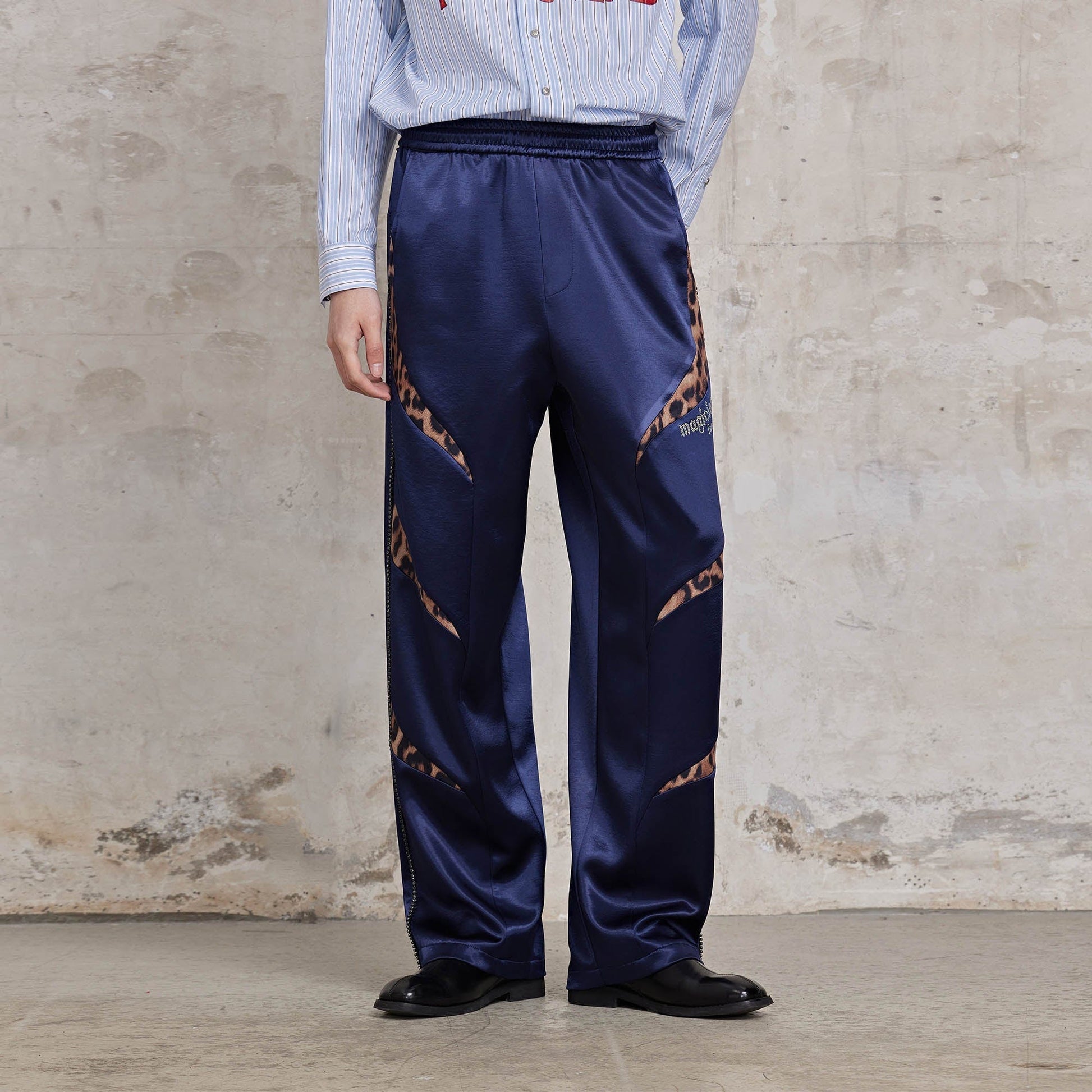 FACEONLAB Diamond Leopard-Spliced Satin Pants-Pants-M-Blue-Free Shipping Leatheretro