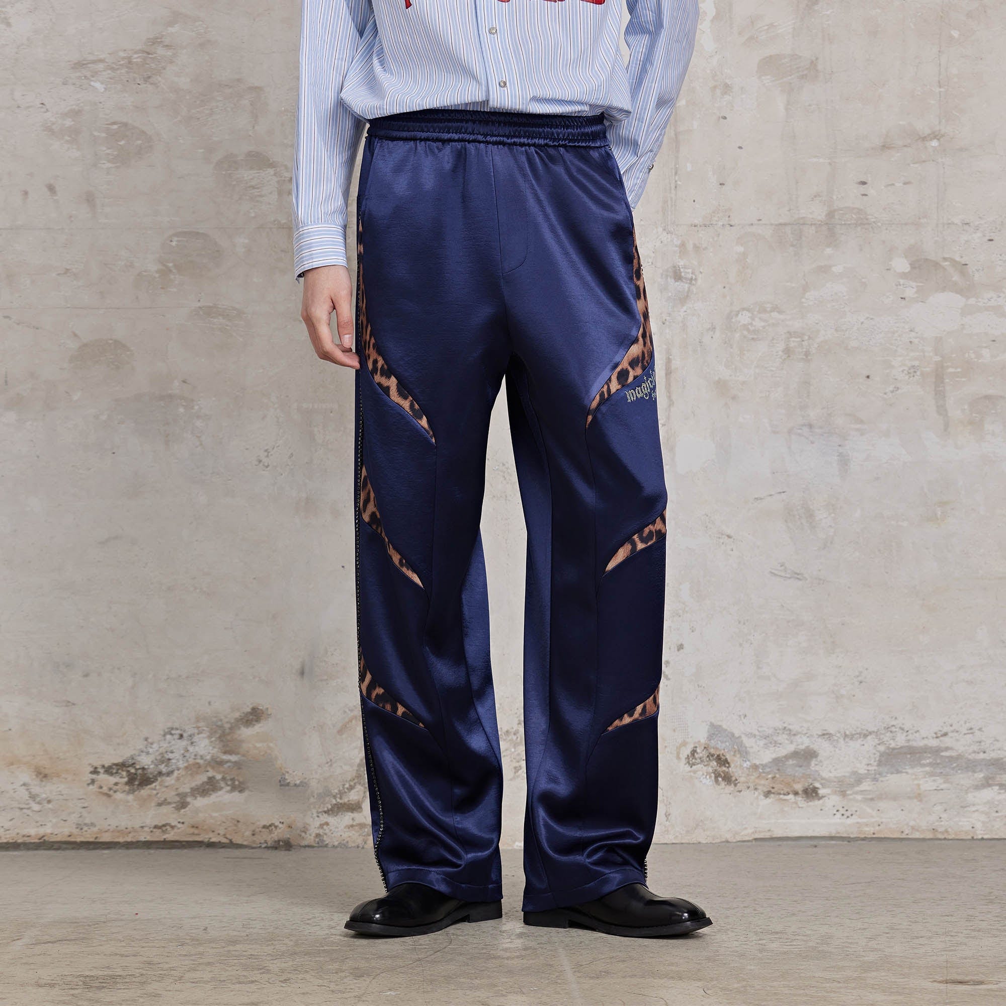 FACEONLAB Diamond Leopard-Spliced Satin Pants-Pants-M-Blue-Free Shipping Leatheretro