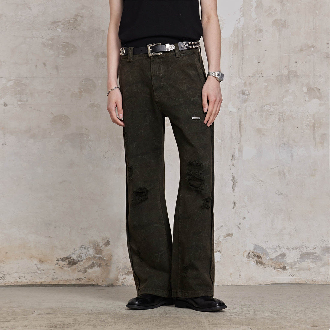 FACEONLAB Ripped Cracked Straight-Leg Pant-Pants-M-Free Shipping Leatheretro