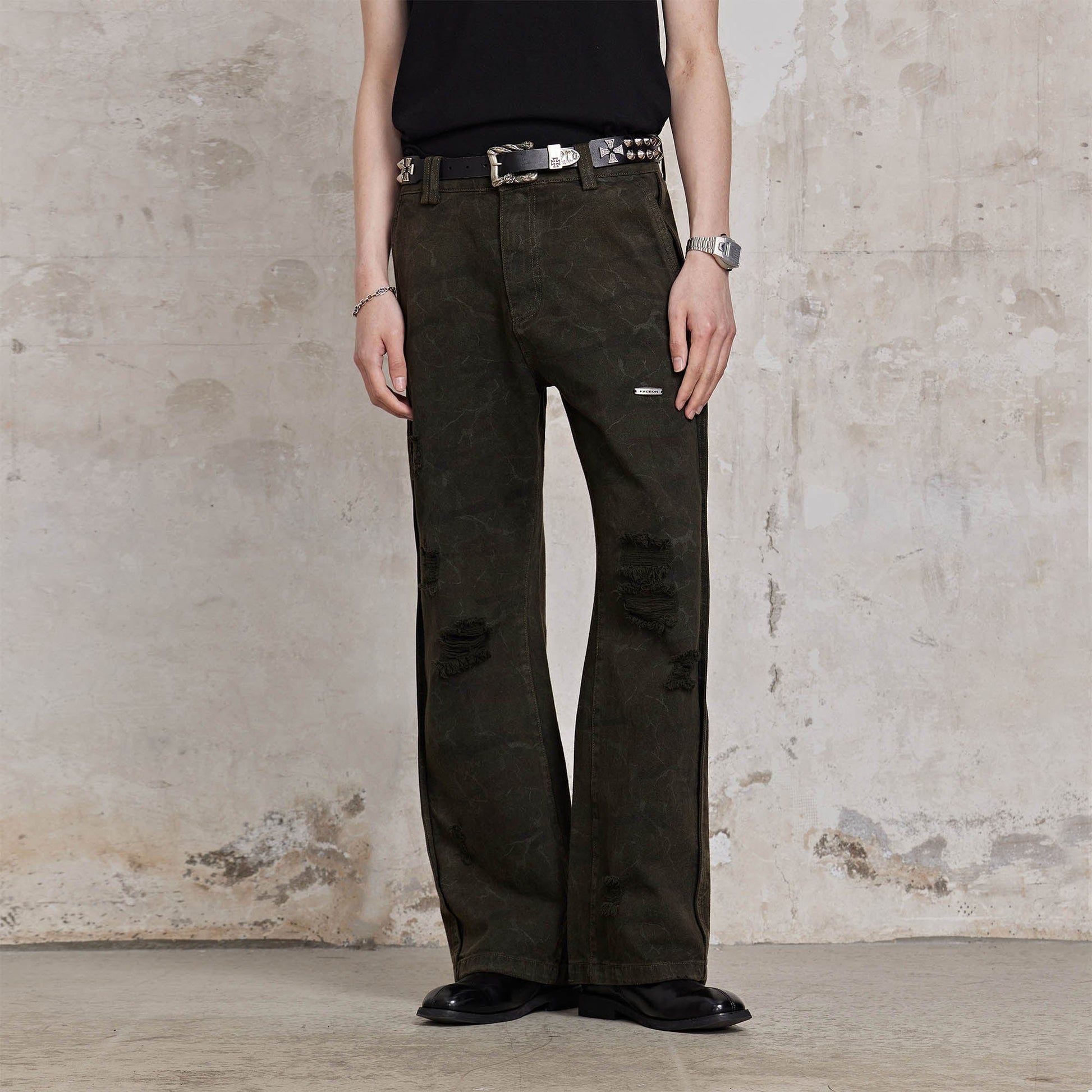 FACEONLAB Ripped Cracked Straight-Leg Pant-Pants-M-Free Shipping Leatheretro