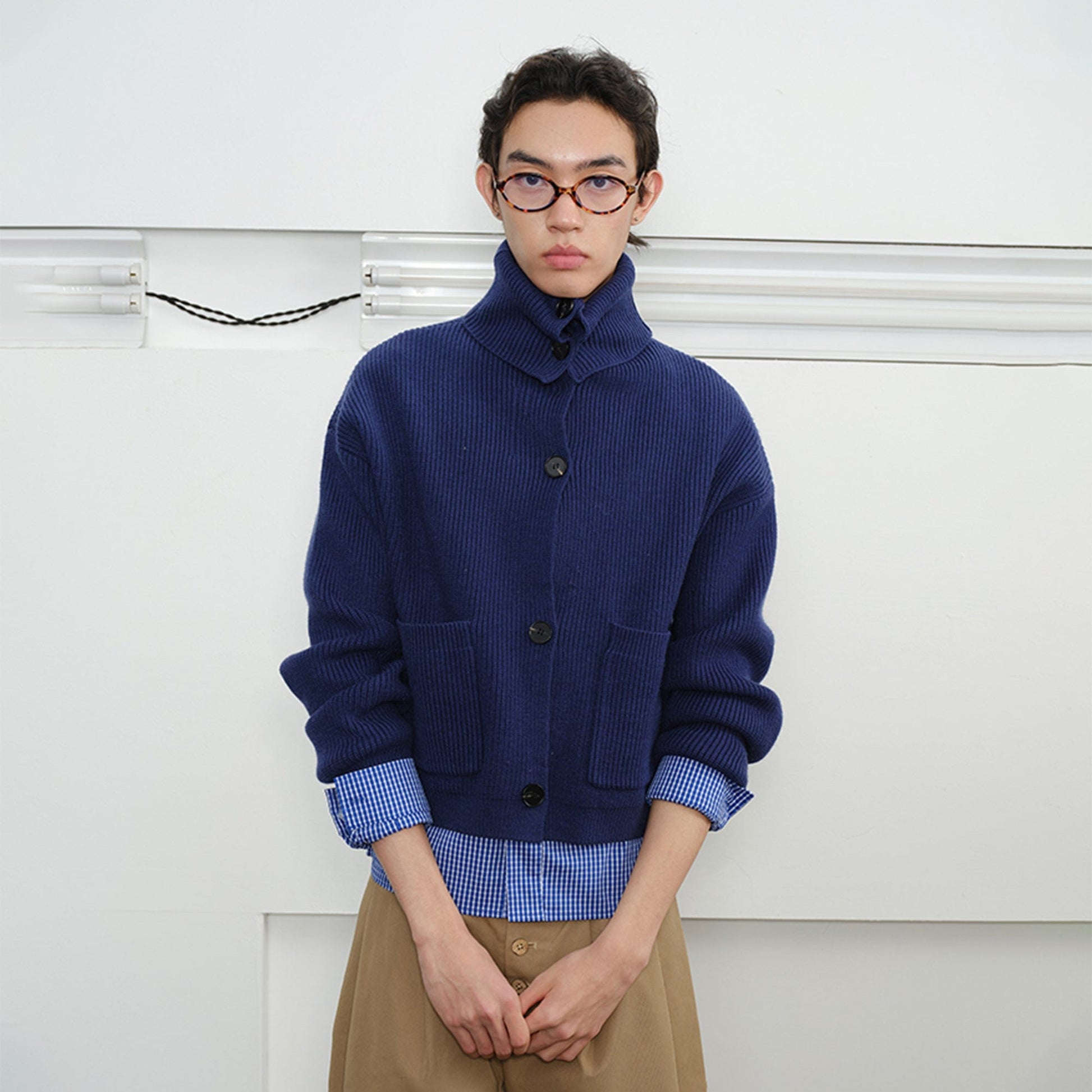 KREATE High-Collar Big-Pocket Button-Up Knitted Jacket-Jacket-S-Blue-Free Shipping Leatheretro