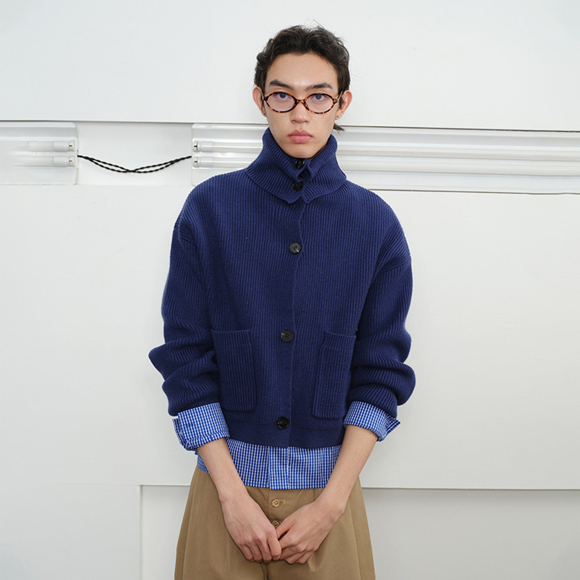 KREATE High-Collar Big-Pocket Button-Up Knitted Jacket-Jacket-S-Blue-Free Shipping Leatheretro