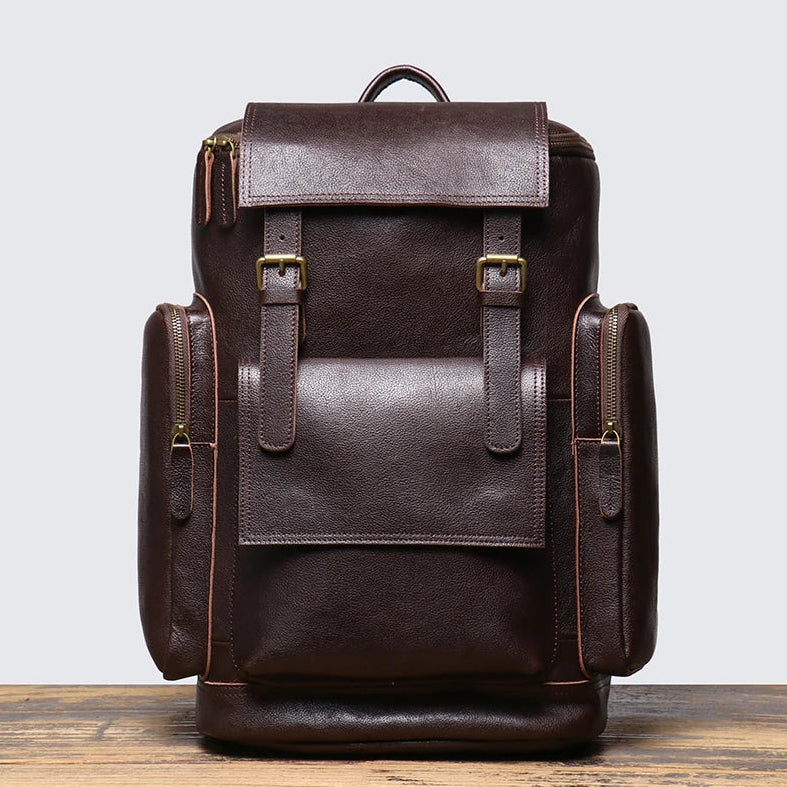 Cowhide Leather Backpack – High-Capacity Men’s Travel, Hiking & Laptop Satchel Bag-Backpacks-Brown-Free Shipping Leatheretro