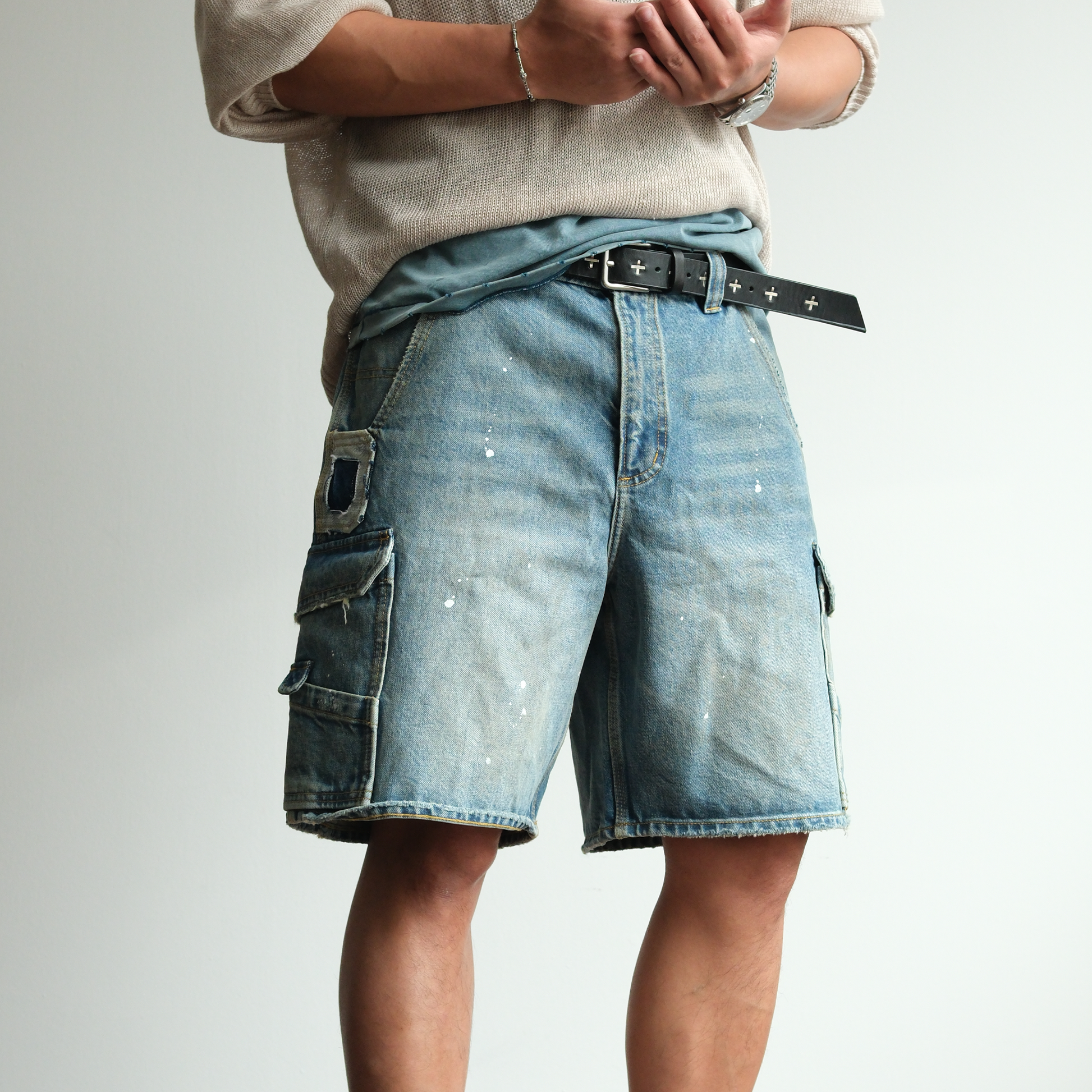 NEIGBORL Retro Washed Paint-Splattered Multi-Pocket Denim Shorts-Shorts-S / 30"-Free Shipping Leatheretro