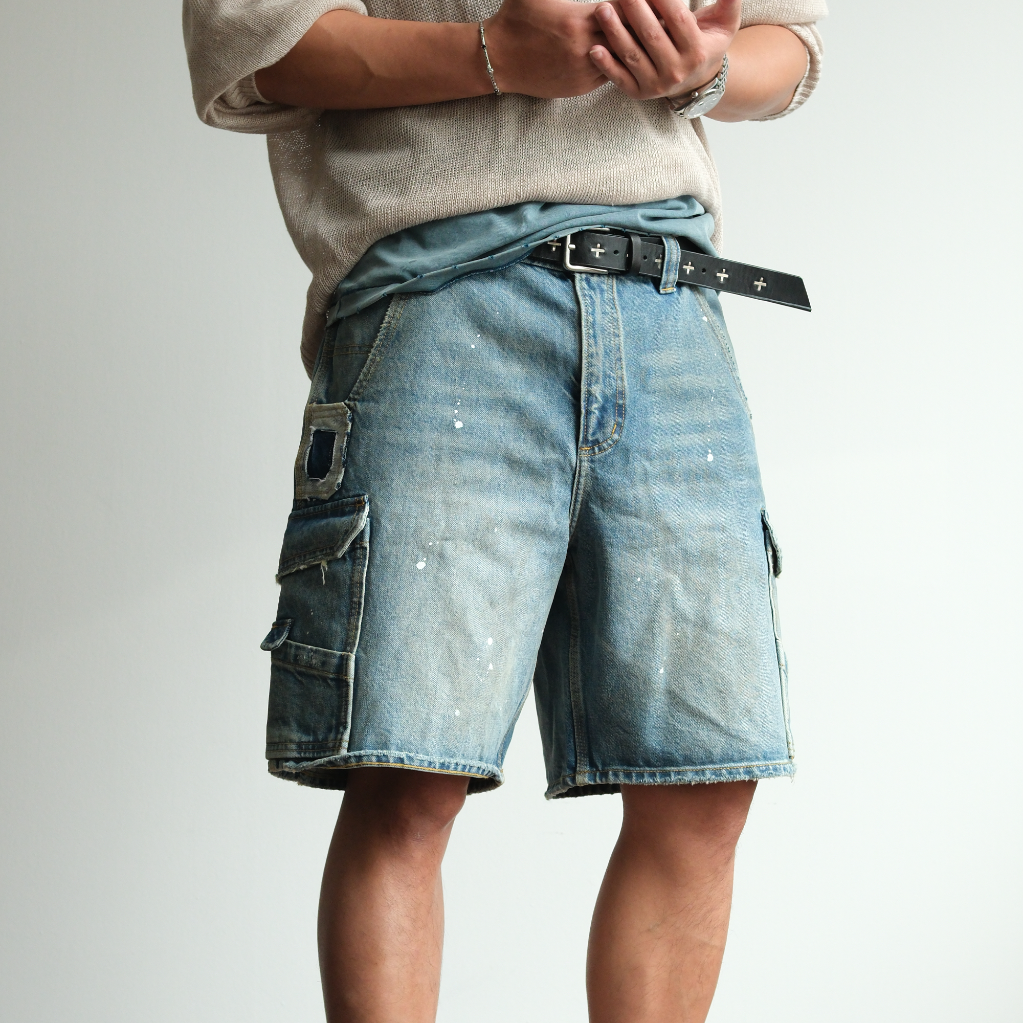 NEIGBORL Retro Washed Paint-Splattered Multi-Pocket Denim Shorts-Shorts-S / 30"-Free Shipping Leatheretro