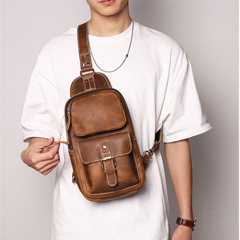 European and American Men's Crazy Horse Leather Crossbody Chest Bag-Chest Bags-Black-Free Shipping Leatheretro