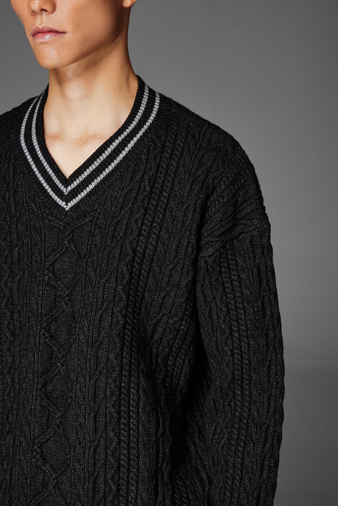 CATSSTAC Varsity V-Neck Cable-Knit Sweater-Sweater-S-Dark Gray-Free Shipping Leatheretro